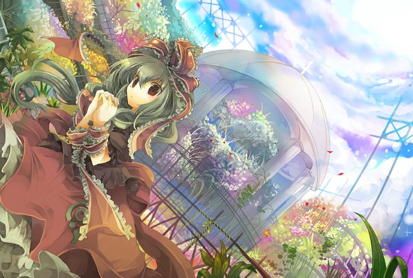 Anime picture 1100x741 with touhou kagiyama hina fruit punch long hair red eyes sky cloud (clouds) green hair wallpaper girl flower (flowers) bow plant (plants) hair bow