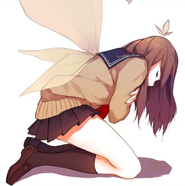 Anime picture 819x821 with original caidychen single long hair tall image fringe simple background brown hair white background eyes closed profile pleated skirt shadow leaning leaning forward kneeling crossed arms pale skin insect wings butterfly wings