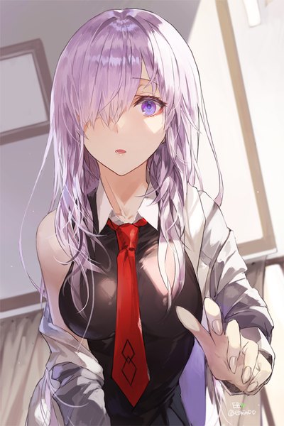 Anime picture 600x899 with fate (series) fate/grand order mash kyrielight kim eb single long hair tall image looking at viewer fringe breasts open mouth standing purple eyes signed purple hair upper body indoors fingernails sunlight hair over one eye