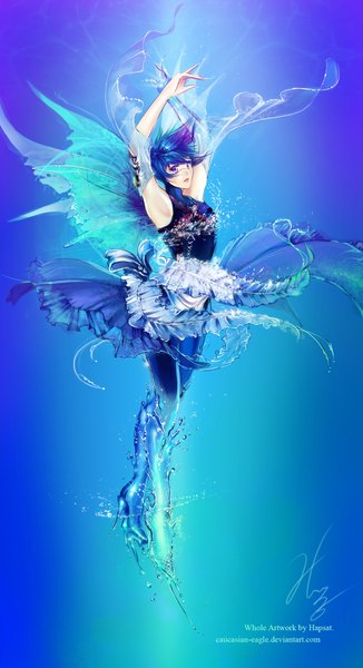 Anime picture 1156x2126 with caucasian-eagle single tall image short hair purple eyes blue hair full body armpit (armpits) blue background underwater liquid clothes girl detached sleeves wings water bubble (bubbles)