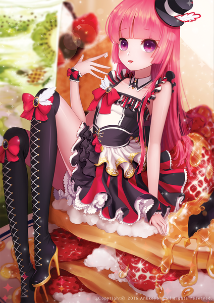 Anime picture 1200x1697 with original ango single long hair tall image looking at viewer sitting purple eyes pink hair girl dress bow hat food boots sweets thigh boots berry (berries) mini hat strawberry