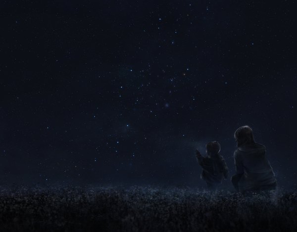 Anime picture 2000x1568 with original iy (tsujiki) long hair highres short hair sky night night sky squat girl plant (plants) star (stars) grass child (children)