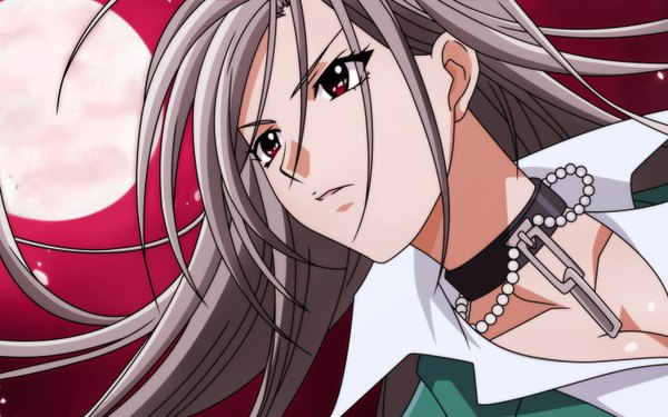 Anime picture 1440x900 with rosario+vampire akashiya moka inner moka long hair red eyes wide image white hair vector moon collar