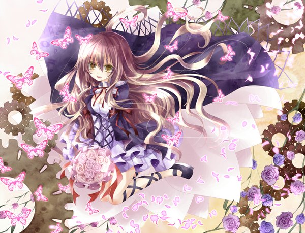 Anime picture 1000x766 with touhou hijiri byakuren nanase nao long hair open mouth brown hair yellow eyes girl dress flower (flowers) petals insect butterfly bouquet gears