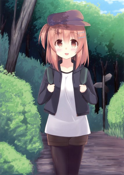 Anime picture 2491x3500 with original akane souichi single tall image looking at viewer highres short hair open mouth brown hair brown eyes scan official art girl plant (plants) tree (trees) shorts short shorts flat cap