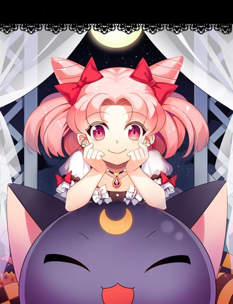 Anime picture 680x889 with bishoujo senshi sailor moon toei animation chibiusa luna p rukun00 single tall image looking at viewer short hair smile twintails pink hair pink eyes night arm support hair bun (hair buns) puffy sleeves short twintails girl bow