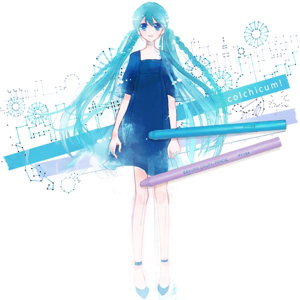 Anime picture 1330x1330 with vocaloid hatsune miku yoshida yoshitsugi single long hair blue eyes smile twintails braid (braids) very long hair aqua hair girl dress shoes pencil