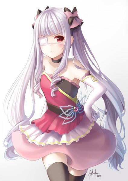Anime picture 2480x3507 with original chiiririn single long hair tall image looking at viewer highres red eyes white background twintails white hair girl thighhighs dress gloves bow black thighhighs hair bow elbow gloves white gloves