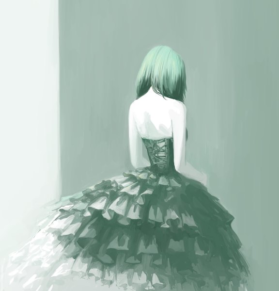 Anime picture 893x929 with original tsubu mikan single long hair tall image standing bare shoulders green hair from behind grey background bare back girl dress black dress strapless dress