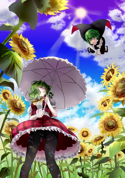 Anime picture 843x1200 with touhou kazami yuuka wriggle nightbug sofy tall image fringe short hair open mouth smile red eyes multiple girls holding green eyes sky cloud (clouds) green hair sunlight from below legs plaid skirt