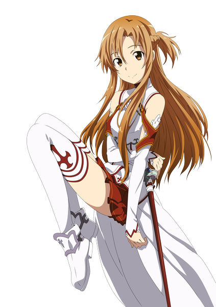 Anime picture 3385x4798 with sword art online a-1 pictures yuuki asuna mike-rmb single long hair tall image highres smile brown hair brown eyes absurdres pleated skirt transparent background girl thighhighs weapon sword cloak