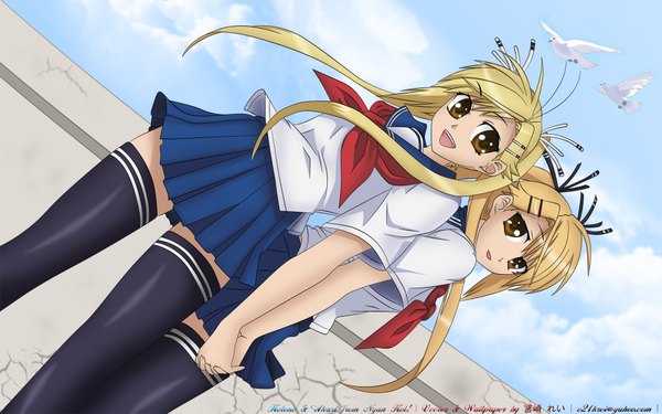 Anime picture 1920x1200 with nyan koi kirishima akari kirishima kotone highres blonde hair wide image multiple girls holding hands twins girl 2 girls serafuku