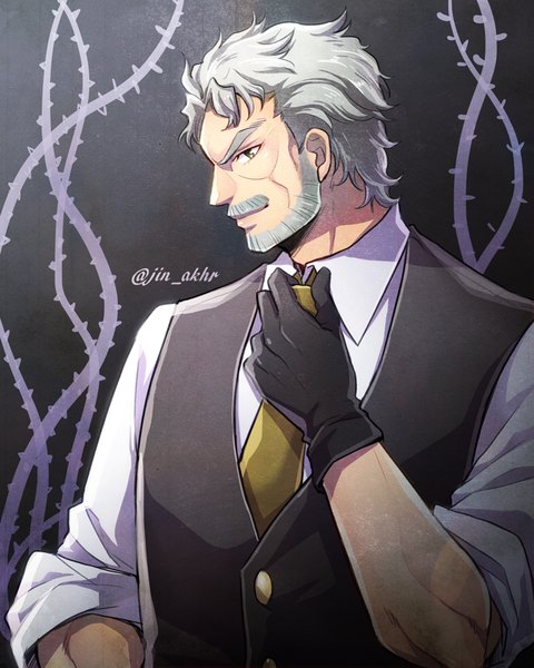 Anime picture 680x850 with jojo no kimyou na bouken joseph joestar hermit purple holiday-jin single tall image looking at viewer short hair simple background signed silver hair profile grey background silver eyes twisty sleeves adjusting necktie boy gloves black gloves necktie