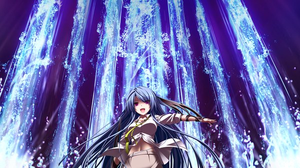 Anime picture 2560x1440 with gensou no idea makita maki single long hair highres open mouth wide image purple eyes blue hair game cg glowing girl weapon shirt necktie