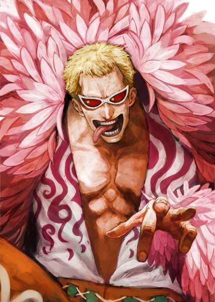 Anime picture 570x800 with one piece toei animation donquixote doflamingo lack single tall image looking at viewer short hair open mouth blonde hair teeth open shirt outstretched arm muscle vein (veins) boy shirt tongue feather (feathers) sunglasses