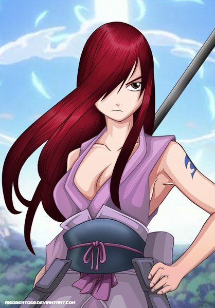 Anime picture 1024x1471 with fairy tail erza scarlet rigoberto60 single long hair tall image fringe light erotic brown eyes sky cloud (clouds) red hair japanese clothes sunlight hair over one eye tattoo hand on hip coloring girl weapon