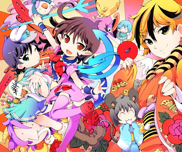 Anime picture 1200x1004 with touhou houjuu nue hijiri byakuren tatara kogasa nazrin murasa minamitsu toramaru shou kumoi ichirin unzan ichizen (o tori) black hair blonde hair smile red eyes brown hair multiple girls yellow eyes purple hair japanese clothes one eye closed