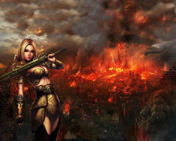 Anime picture 1280x1024 with tagme (artist) single long hair blonde hair game cg warrior girl weapon sword armor fire