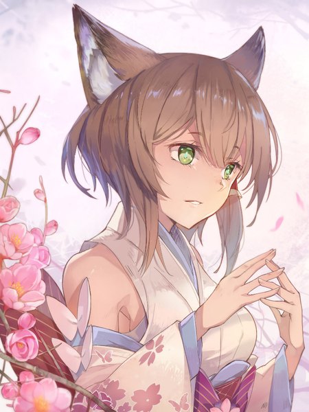 Anime picture 771x1029 with original samu (a117216) single tall image fringe short hair brown hair bare shoulders green eyes animal ears payot looking away traditional clothes parted lips japanese clothes fingernails wide sleeves depth of field fox ears cherry blossoms