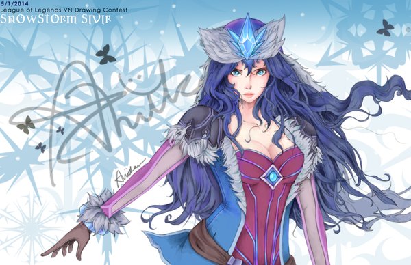 Anime picture 1000x647 with league of legends sivir (league of legends) aniikan (artist) single long hair looking at viewer blue eyes blue hair girl dress gloves headdress insect butterfly crystal