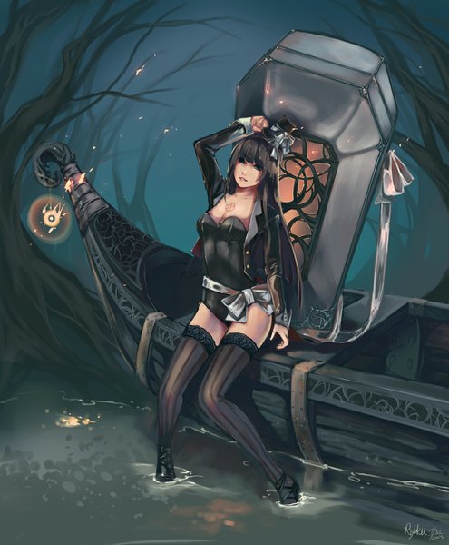 Anime picture 984x1192 with riyokusakimori (artist) single long hair tall image light erotic black hair sitting black eyes open clothes open jacket tattoo girl thighhighs bow black thighhighs plant (plants) tree (trees) water jacket fire