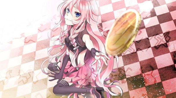Anime picture 1000x562 with vocaloid ia (vocaloid) single blush wide image sitting pink hair braid (braids) very long hair aqua eyes twin braids happy looking up checkered floor checkered girl skirt boots fingerless gloves thigh boots