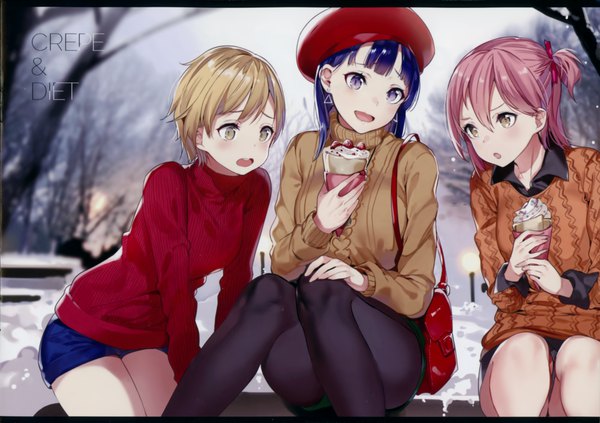 Anime picture 3000x2116 with original yuran (cozyquilt) long hair blush fringe highres short hair open mouth blonde hair hair between eyes sitting purple eyes multiple girls holding brown eyes blue hair pink hair bent knee (knees) outdoors long sleeves