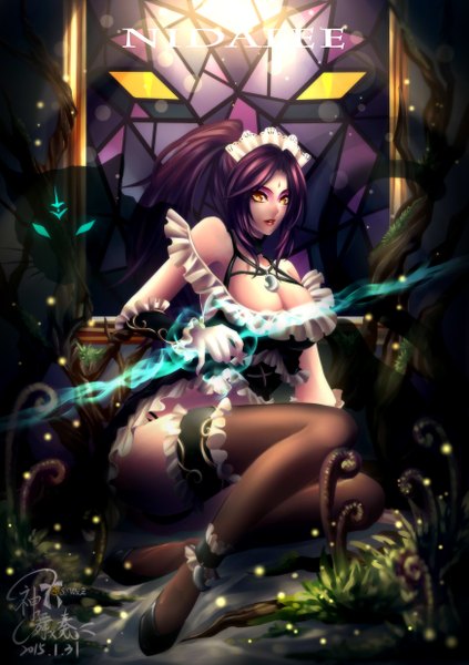 Anime picture 1748x2480 with league of legends nidalee (league of legends) kanmaixso single long hair tall image looking at viewer highres light erotic black hair yellow eyes ponytail lips maid girl thighhighs uniform underwear panties black thighhighs
