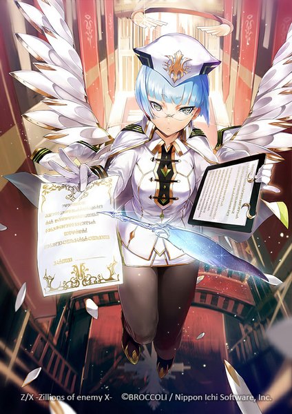 Anime picture 566x800 with z/x: ignition silver (atelier-tengu) single tall image looking at viewer fringe short hair holding blue hair bent knee (knees) from above flying silver eyes white wings girl skirt gloves uniform miniskirt pantyhose