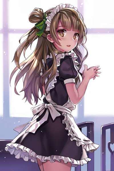 Anime picture 600x900 with love live! school idol project sunrise (studio) love live! minami kotori momoko (momopoco) single long hair tall image blush fringe open mouth brown hair standing brown eyes looking back maid alternate costume one side up girl uniform