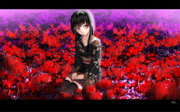 Anime picture 2141x1345 with hell girl studio deen enma ai hk (hak) single long hair blush fringe highres black hair sitting signed looking away head tilt wariza letterboxed girl thighhighs flower (flowers) black thighhighs