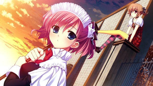 Anime picture 1280x720 with grisaia no kajitsu komine sachi fumio (ura fmo) short hair blue eyes red eyes brown hair wide image sitting multiple girls pink hair game cg maid evening sunset girl thighhighs dress bow 2 girls