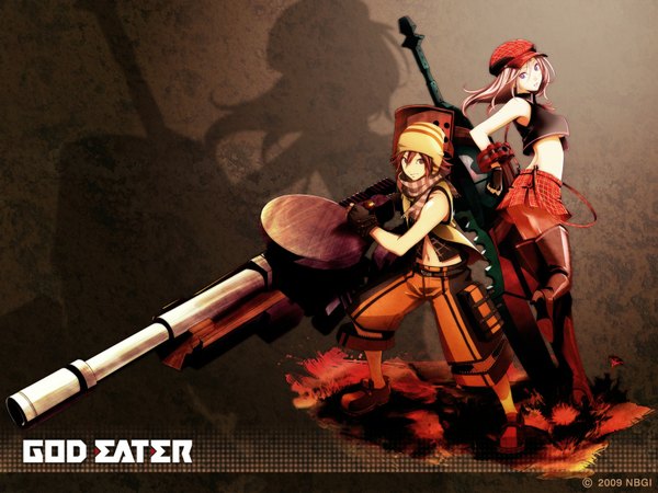 Anime picture 1600x1200 with god eater god eater burst ufotable alisa ilinichina amiella fujiki kouta highres official art midriff wallpaper plaid skirt plaid girl thighhighs boy skirt weapon hat pantyhose boots thigh boots