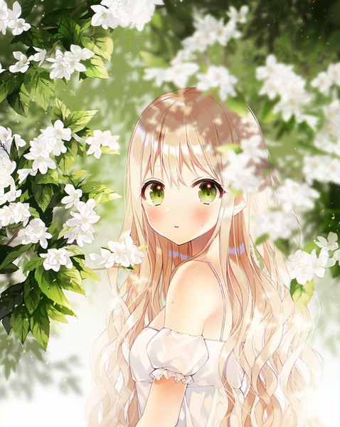 Anime picture 986x1236 with original weri single long hair tall image looking at viewer blush fringe blonde hair hair between eyes bare shoulders green eyes upper body outdoors parted lips depth of field puffy sleeves turning head wavy hair girl