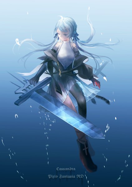 Anime picture 1488x2105 with original pixiv fantasia pixiv fantasia revenge of the darkness cassandra (rotd) kitty (10867360) single long hair tall image fringe breasts blue eyes twintails holding blue hair looking away ahoge pleated skirt low twintails underwater asymmetrical legwear