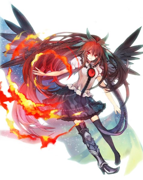 Anime picture 1200x1512 with touhou reiuji utsuho hina (pico) tall image red eyes brown hair very long hair black wings girl thighhighs skirt bow hair bow wings fire