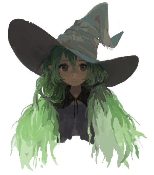 Anime picture 1170x1328 with matayoshi long hair tall image simple background white background twintails ponytail very long hair green hair pointy ears girl witch hat