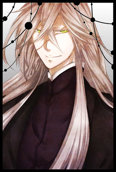 Anime picture 1181x1748 with kuroshitsuji a-1 pictures undertaker single long hair tall image looking at viewer smile green eyes white hair grey background scar boy