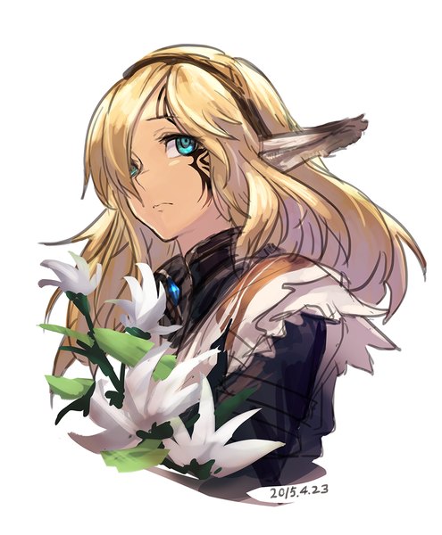 Anime picture 1000x1210 with xenoblade chronicles x selica (xenoblade x) guchico single long hair tall image fringe blonde hair simple background white background animal ears aqua eyes hair over one eye facial mark dated portrait looking up girl flower (flowers)