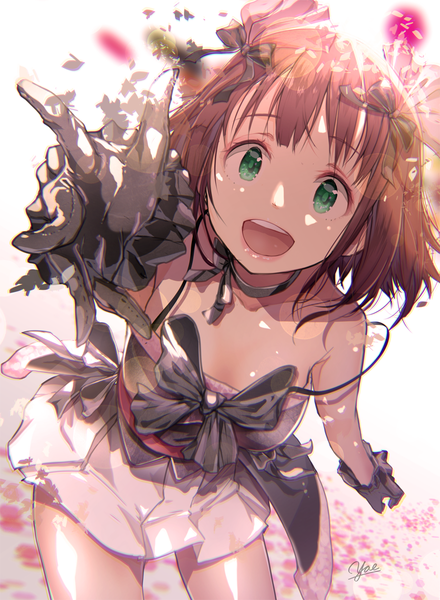 Anime picture 880x1200 with idolmaster amami haruka yae (mono110) single tall image fringe short hair open mouth simple background brown hair white background bare shoulders green eyes signed :d pleated skirt teeth shadow leaning leaning forward