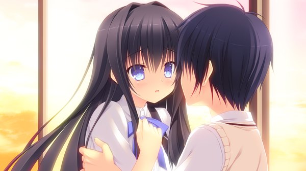 Anime picture 1280x720 with sora tobu hitsuji to manatsu no hana fujigasaki mea takano yuki (allegro mistic) long hair blush short hair open mouth blue eyes black hair wide image game cg couple girl boy uniform school uniform