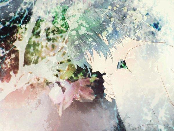 Anime picture 1600x1200 with vocaloid kaito (vocaloid) keishi single short hair bare shoulders blue hair eyes closed profile boy flower (flowers) branch