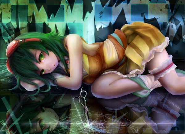 Anime picture 3508x2549 with vocaloid gumi single long hair highres bare shoulders green eyes absurdres green hair reflection girl dress glasses scissors