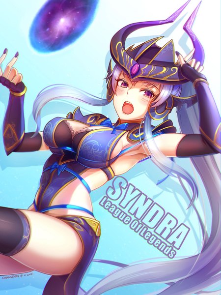 Anime picture 1125x1500 with league of legends syndra chen qi (chanseven) single long hair tall image blush breasts open mouth light erotic simple background purple hair pink eyes grey hair armpit (armpits) girl thighhighs gloves ribbon (ribbons) black thighhighs