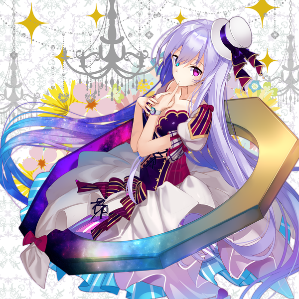 Anime picture 1000x1000 with original canon (nyori) nyori single fringe breasts hair between eyes large breasts blue hair looking away cleavage purple hair very long hair multicolored hair heterochromia finger to mouth gradient hair starry sky print space print girl