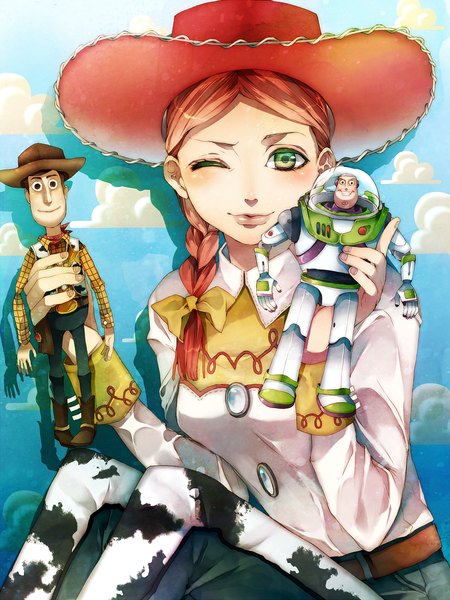 Anime picture 900x1200 with toy story sheriff woody jessie (toy story) buzz lightyear jessie the yodeling cowgirl tsukioka tsukiho single long hair tall image looking at viewer blush smile brown hair green eyes cloud (clouds) braid (braids) one eye closed lips wink single braid