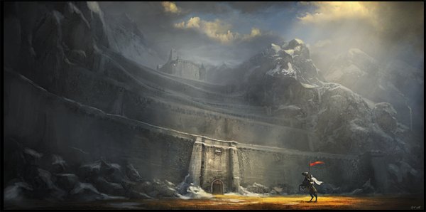 Anime picture 1600x797 with tagme (artist) wide image sky cloud (clouds) sunlight evening sunset winter snow mountain landscape gate animal bird (birds) stone (stones) flag castle horse