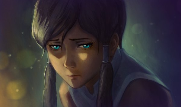 Anime picture 3363x2000 with avatar: the legend of korra korra br0ny single long hair highres blue eyes wide image twintails grey hair portrait sad girl