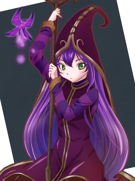 Anime picture 1200x1600 with league of legends lulu (league of legends) single long hair tall image blush green eyes looking away purple hair fairy girl dress hat staff