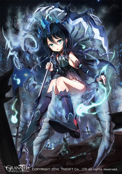 Anime picture 720x1024 with granatha eternal bae.c long hair tall image open mouth blue eyes black hair blue hair bent knee (knees) braid (braids) multicolored hair horn (horns) two-tone hair twin braids magic demon girl detached sleeves earrings socks